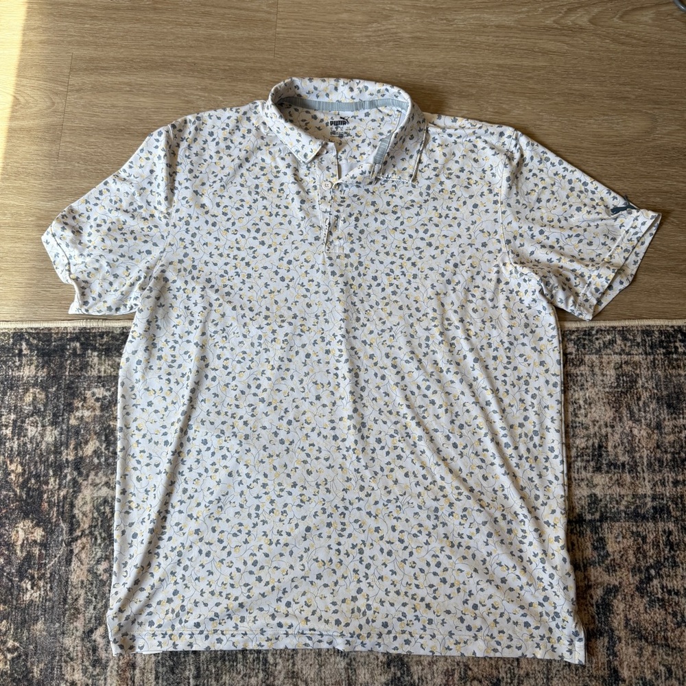 Puma White Polo with Blue and Yellow Floral Motif